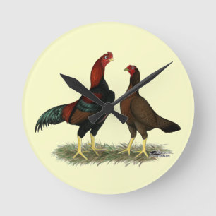 Aseel Black Red Chickens Round Clock