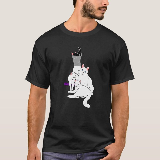 Asexual Cat Pile Lgbt Q Cute Ace Pride Flag Colour T-Shirt (Front)