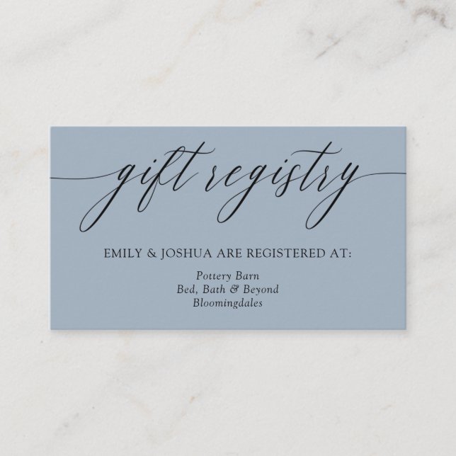 Ash Blue Minimalist Calligraphy Gift Registry Enclosure Card (Front)