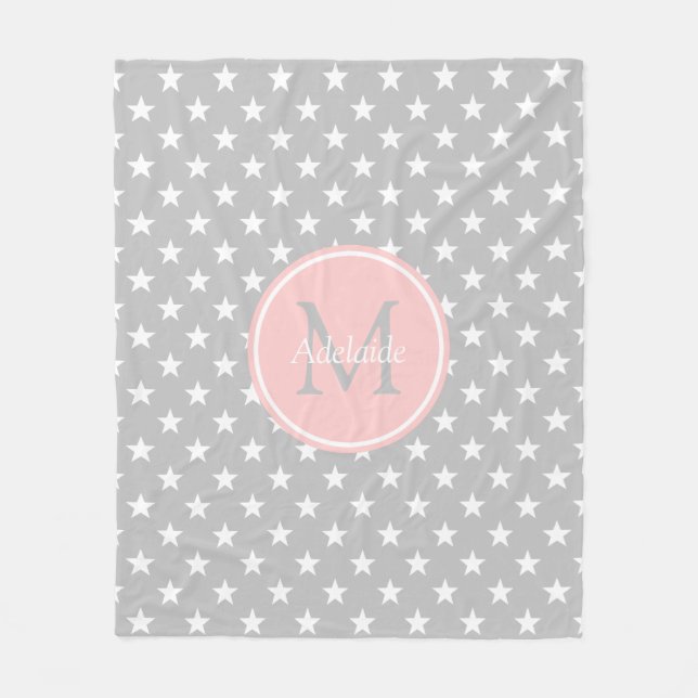 Ash Grey and Baby Pink Stars Monogram Fleece Blanket (Front)