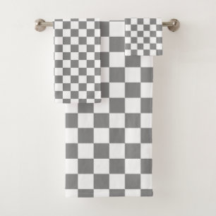 Ash Grey White Chequered Check Pattern Bath Towel Set