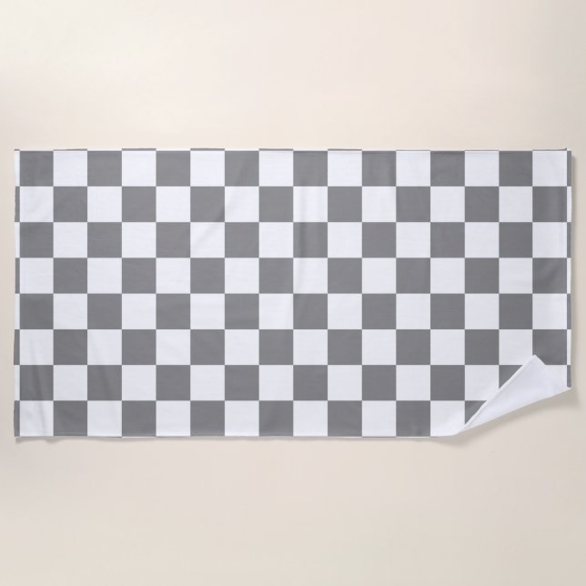 Ash Grey White Chequered Check Pattern Beach Towel (Front)