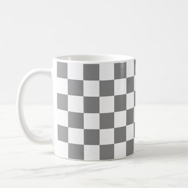 Ash Grey White Chequered Check Pattern Coffee Mug (Left)