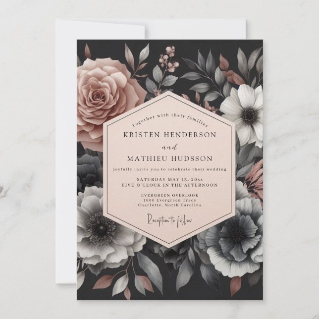 Ash Rose Somber Flora Wedding Invitation (Front)