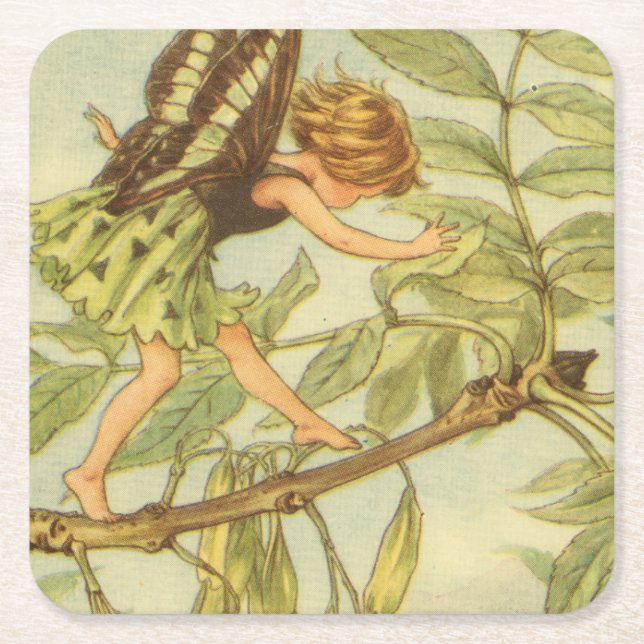 Ash Tree Fairy Walking on Branch Square Paper Coaster (Front)