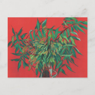 Ash-tree, floral art, red & green summer greenery postcard