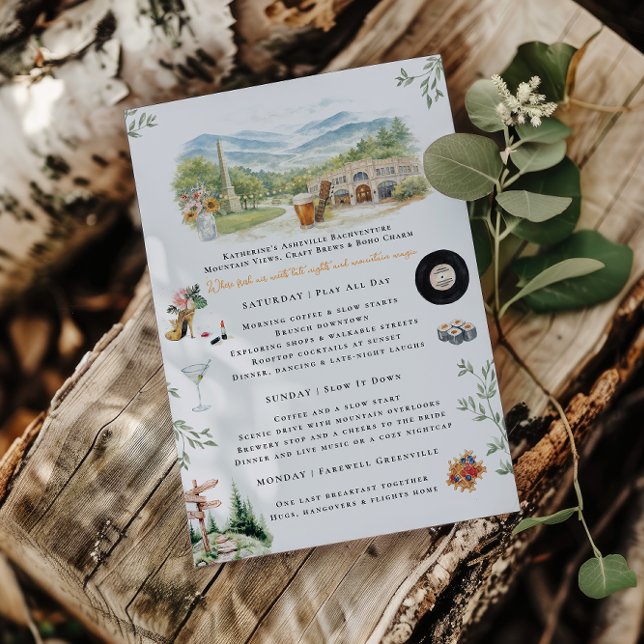 Asheville NC Bachelorette Weekend Itinerary Invitation (Creator Uploaded)