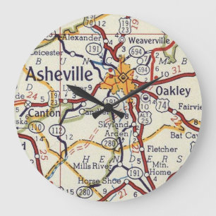 Asheville Vintage Map Large Clock