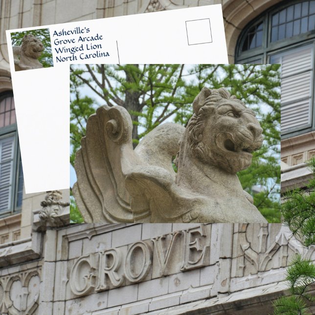 Asheville Winged Lion Statue Historic Grove Arcade Postcard (Creator Uploaded)