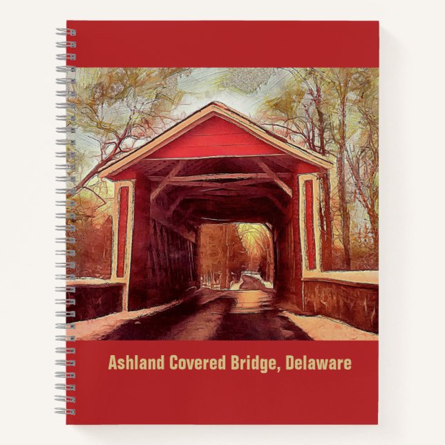 Ashland Red Covered Bridge in Delaware on Red Note Notebook (Front)