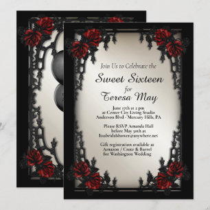 ASHLEY Red Rose Gothic Sweet 16 Iron Gate Gold Invitation