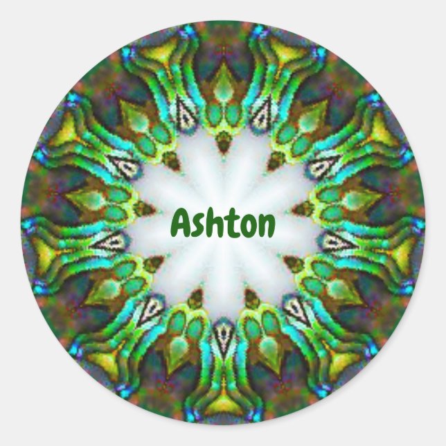 ASHTON ~ Personalised Paua Shell Fractal ~ Classic Round Sticker (Front)