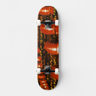 Asia, China, Beijing. Red Chinese lanterns, Skateboard