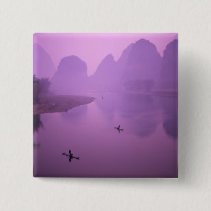 Asia, China, Guanxi, Yangshou. Fishermen on raft 15 Cm Square Badge