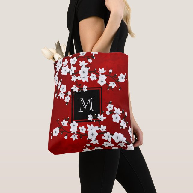 Asia Floral Red White Cherry Blossom Monogram Tote Bag (Close Up)