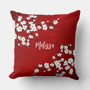 Asia Floral White Cherry Blossom Red Add Name Cushion