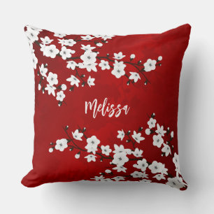 Asia Floral White Cherry Blossom Red Add Name Cushion