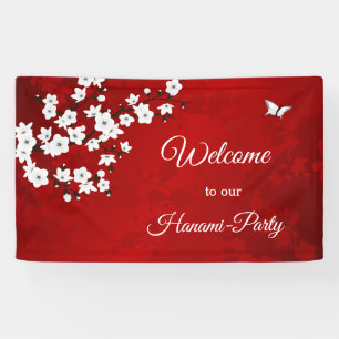 Asia Floral White Cherry Blossom Red Banner