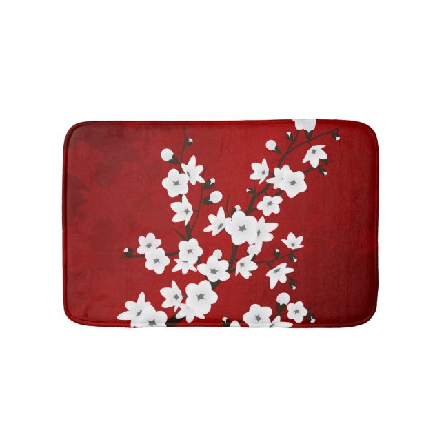 Asia Floral White Cherry Blossom Red Bath Mat (Front)