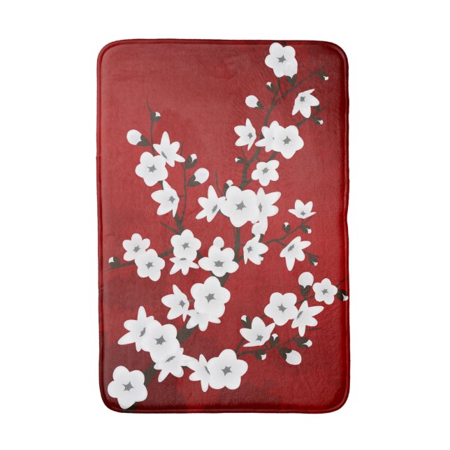 Asia Floral White Cherry Blossom Red Bath Mat (Front Vertical)