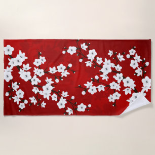 Asia Floral White Cherry Blossom Red Beach Towel