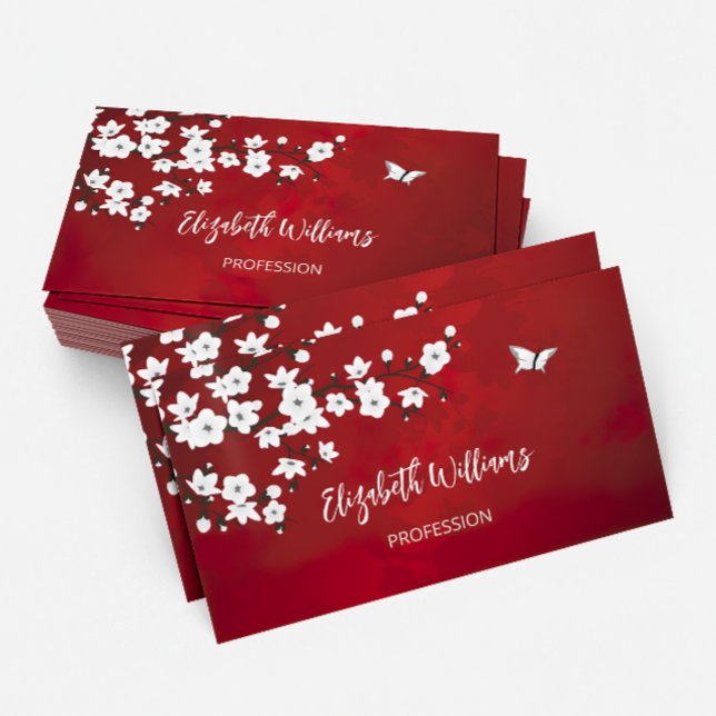 Asia Floral White Cherry Blossom Red Business Card (Creator Uploaded)