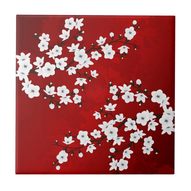 Asia Floral White Cherry Blossom Red Ceramic Tile (Front)