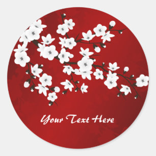 Asia Floral White Cherry Blossom Red Classic Round Sticker