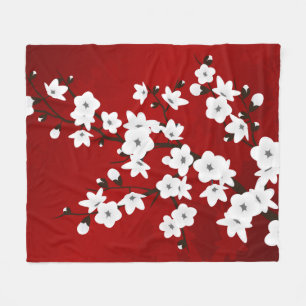 Asia Floral White Cherry Blossom Red Fleece Blanket