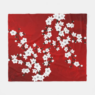 Asia Floral White Cherry Blossom Red Fleece Blanket