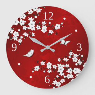 Asia Floral White Cherry Blossom Red Large Clock