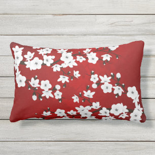 Asia Floral White Cherry Blossom Red Lumbar Cushion