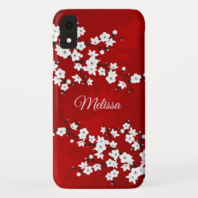 Asia Floral White Cherry Blossom Red Monogram Case-Mate iPhone Case (Back)