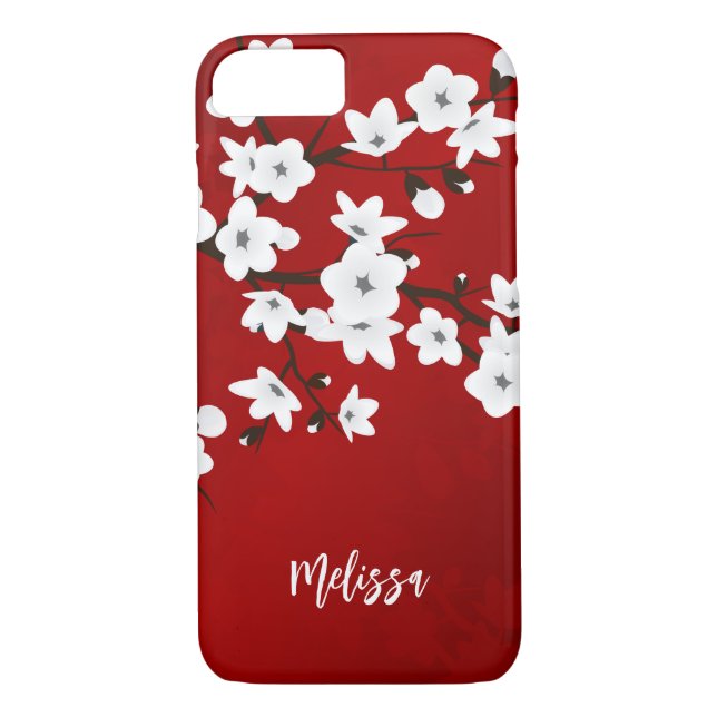 Asia Floral White Cherry Blossom Red Monogram Case-Mate iPhone Case (Back)