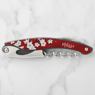 Asia Floral White Cherry Blossom Red Monogram Corkscrew