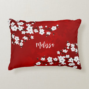 Asia Floral White Cherry Blossom Red Monogram Decorative Cushion
