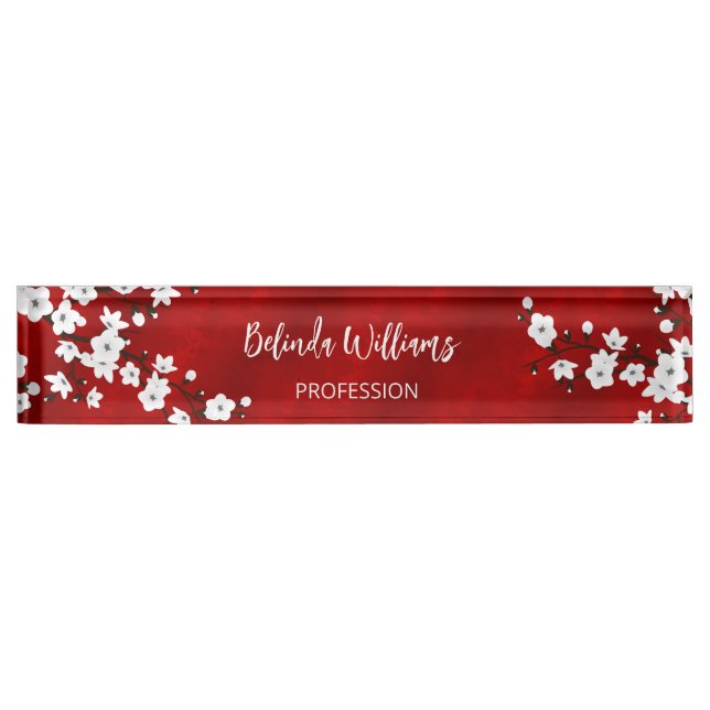 Asia Floral White Cherry Blossom Red Nameplate (Front)