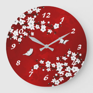 Asia Floral White Cherry Blossom Red Numbers Large Clock