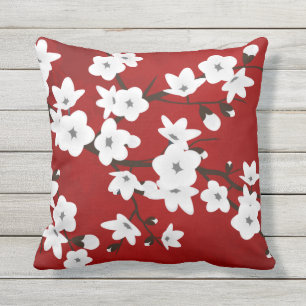 Asia Floral White Cherry Blossom Red Outdoor Cushion