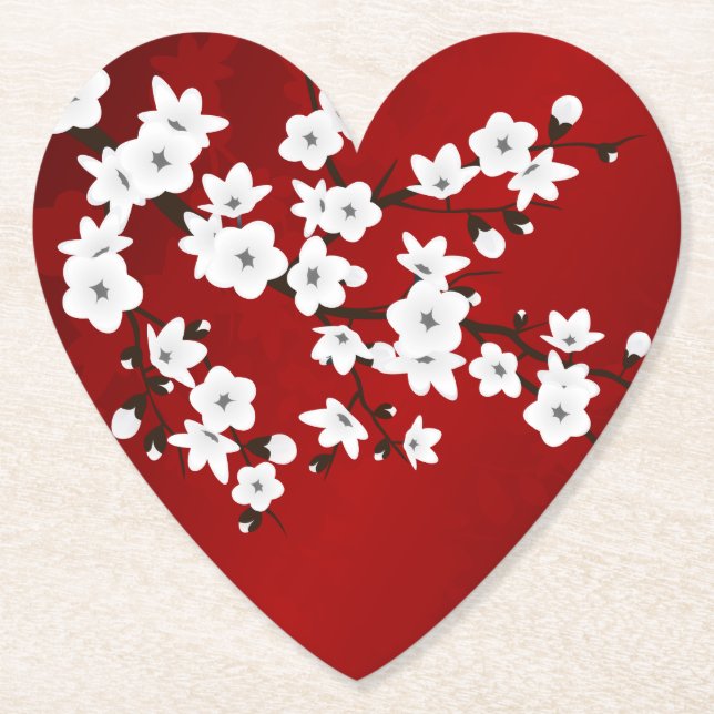Asia Floral White Cherry Blossom Red Paper Coaster (Front)