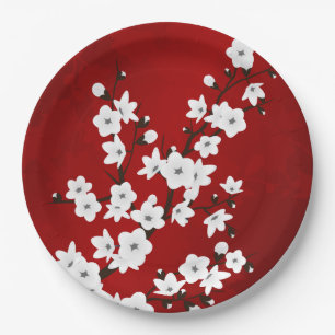 Asia Floral White Cherry Blossom Red Paper Plate
