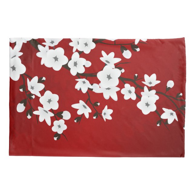 Asia Floral White Cherry Blossom Red Pillowcase (Back)