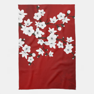 Asia Floral White Cherry Blossom Red Tea Towel