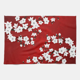 Asia Floral White Cherry Blossom Red Tea Towel