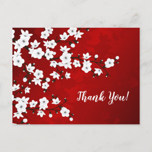 Asia Floral White Cherry Blossom Red Thank You Postcard
