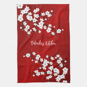 Asia Floral White Red Cherry Blossom Add Name Tea Towel