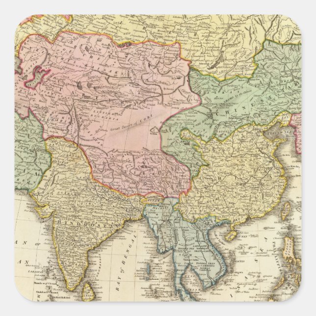 Asia Hand Coloured Map Square Sticker (Front)