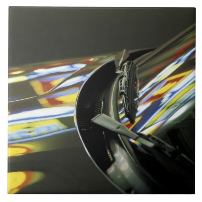 Asia, Malaysia, Melaka. Neon reflections in car Ceramic Tile (Front)