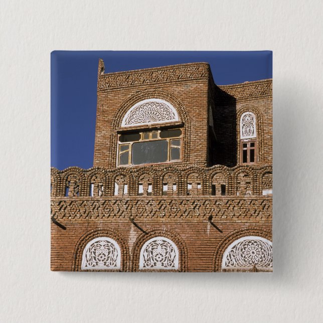 Asia, Yemen, Sana'a. Yemeni architecture detail. 15 Cm Square Badge (Front)