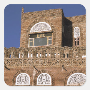 Asia, Yemen, Sana'a. Yemeni architecture detail. Square Sticker
